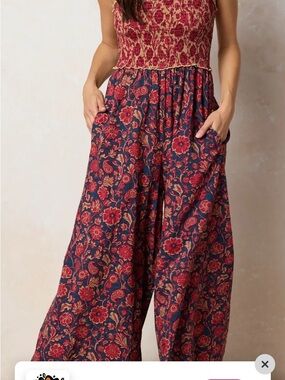 NATURAL LIFE Fuchsia and Navy Floral Smocked Jumpsuit